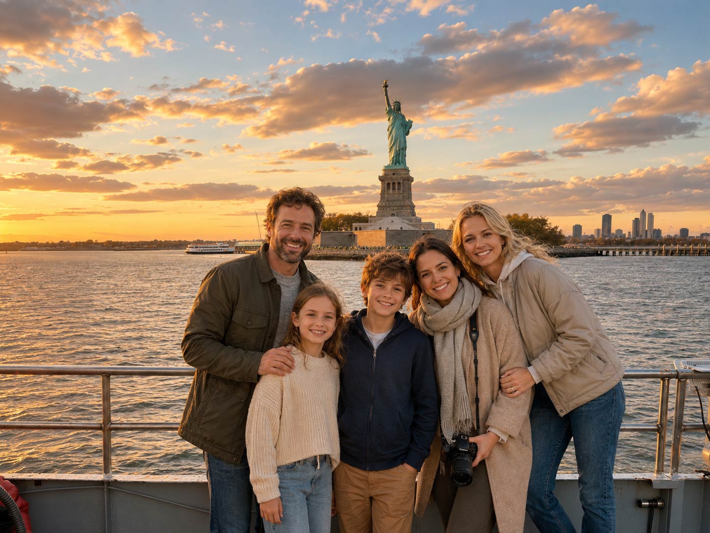 a family poses at sunset with the Statue of Liberty behind them